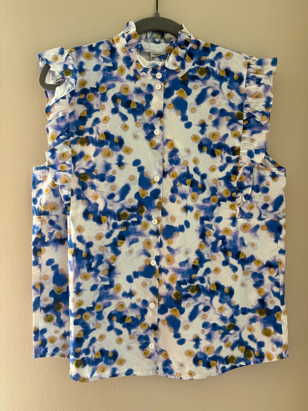 NWT Baum und Pferdgarten Miramar Blouse High Neck Ruffles Blue Gold Sz 42 Large - Picture 3 of 7